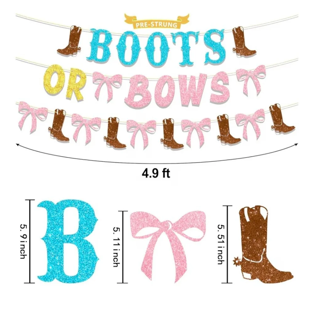 Boots or Bows Gender Reveal Party Decorations Banner and Table Cloths Brown Pink